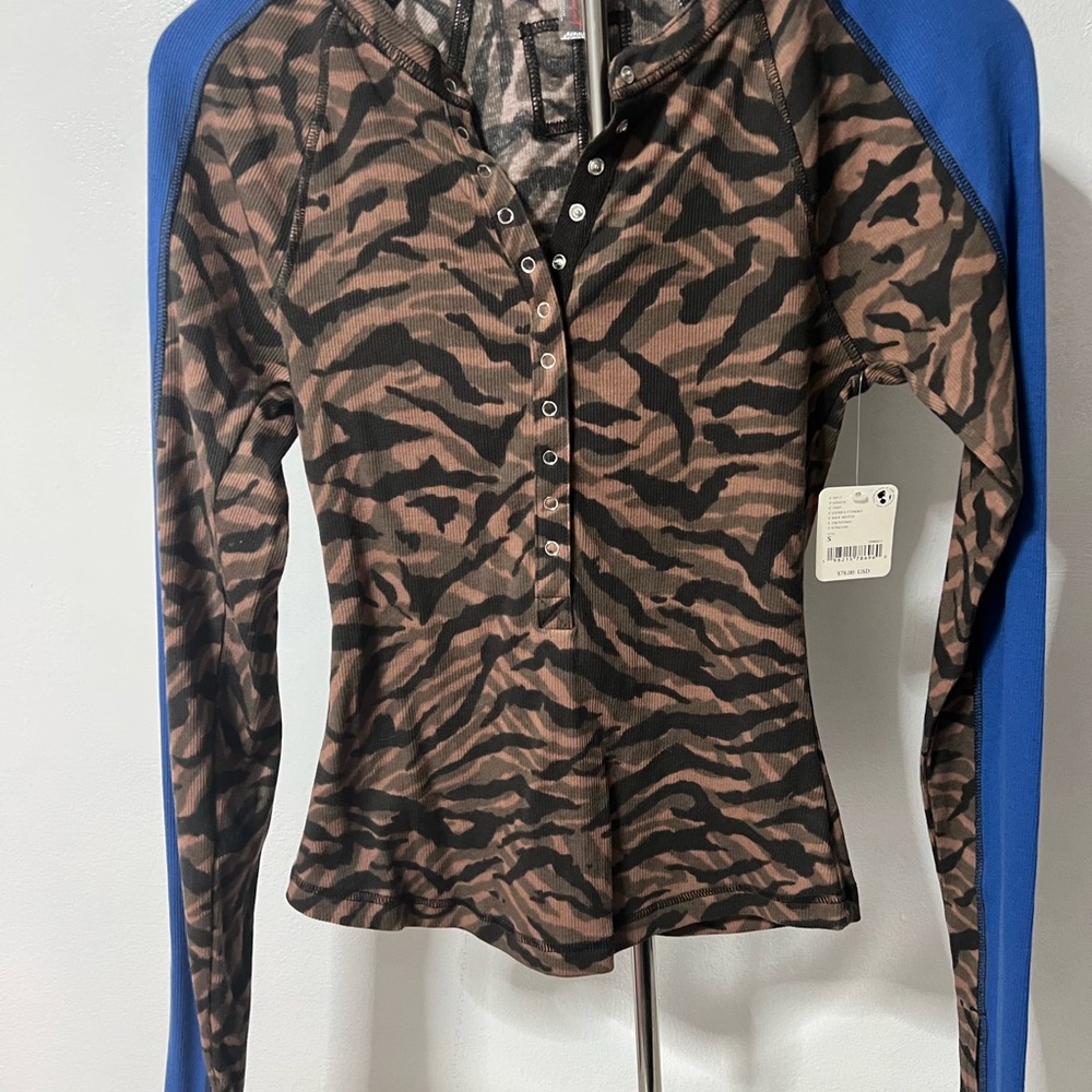Free People Zebra Print Long Sleeve Top - Brown and Blue